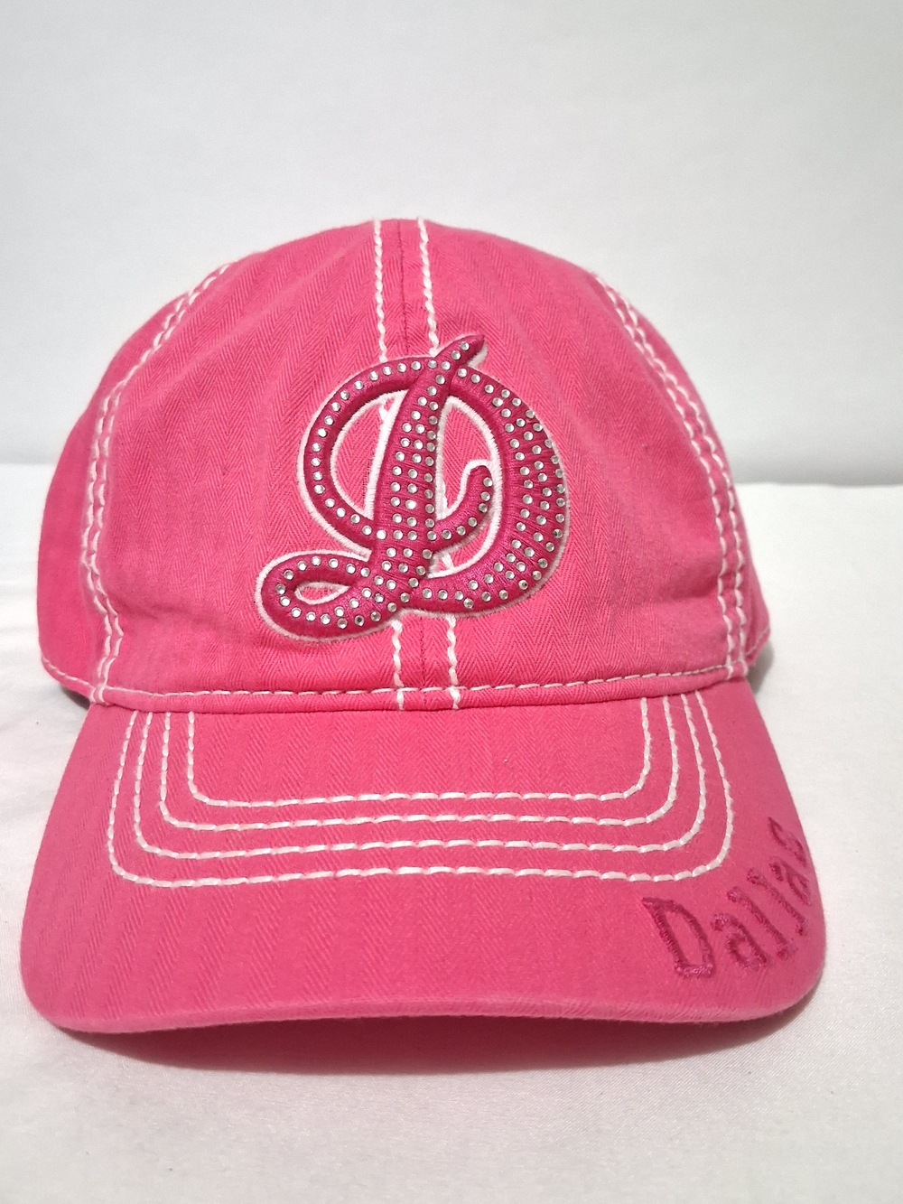 Robin Ruth Hot Pink Womens Cap with White Stitching & Rhinestone 'D' Dallas